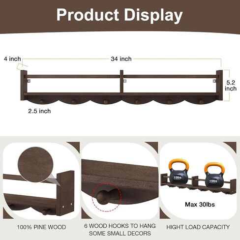34Inch Nursery Bookshelves,Set of 4,Wall Floating Shelf Kids Coat Rack with 6Hooks,Hanging Book Shelf for Baby Nursery Room Décor (Dark Brown, 34) in Saudi Arabia