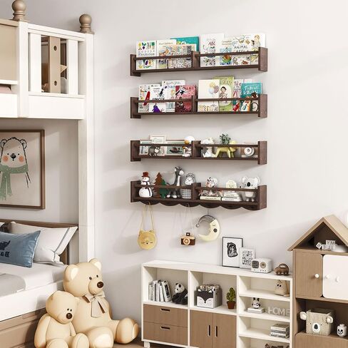 34Inch Nursery Bookshelves,Set of 4,Wall Floating Shelf Kids Coat Rack with 6Hooks,Hanging Book Shelf for Baby Nursery Room Décor (Dark Brown, 34) in Saudi Arabia