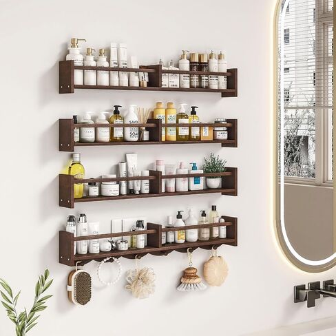 34Inch Nursery Bookshelves,Set of 4,Wall Floating Shelf Kids Coat Rack with 6Hooks,Hanging Book Shelf for Baby Nursery Room Décor (Dark Brown, 34) in Saudi Arabia