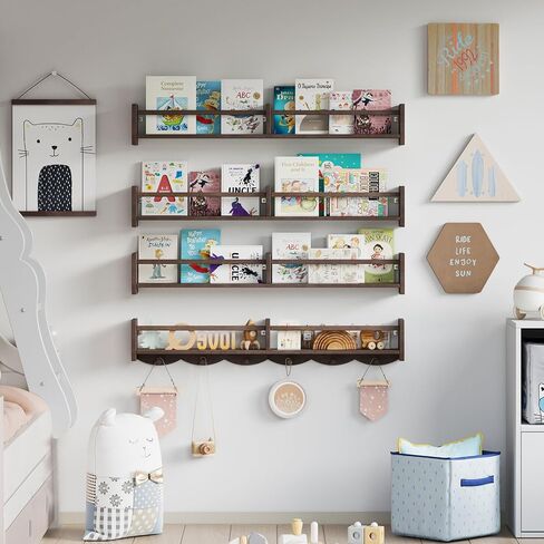 34Inch Nursery Bookshelves,Set of 4,Wall Floating Shelf Kids Coat Rack with 6Hooks,Hanging Book Shelf for Baby Nursery Room Décor (Dark Brown, 34) in Saudi Arabia