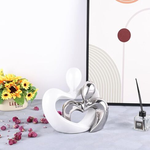 Silver Home Decor,Couple Statue Decor,Tv Stand Decor Living Room Decor Table ,Abstract Art Ceramic Statue and Sculpture,White Statues for Decor Couple Sculpture, Unusual Home Decor (White Silver) in Saudi Arabia