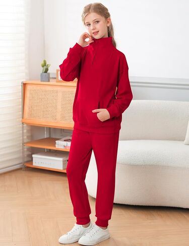 LecGee الفتيات ربع الرمز البريدي Sweatsuit الاطفال السراويل مجموعات الياقة المدورة الصوف مجموعة الملابس الخريف 2 قطعة وتتسابق للفتيات في سن المراهقة in Kuwait