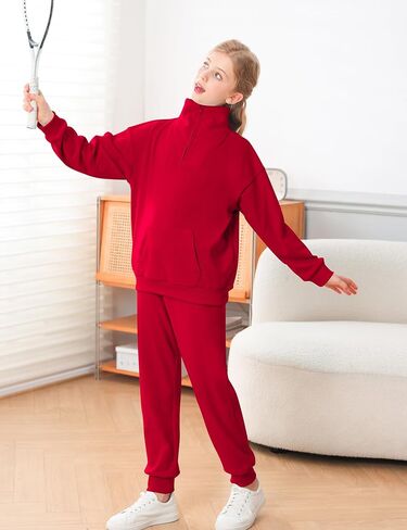 LecGee الفتيات ربع الرمز البريدي Sweatsuit الاطفال السراويل مجموعات الياقة المدورة الصوف مجموعة الملابس الخريف 2 قطعة وتتسابق للفتيات في سن المراهقة in Kuwait
