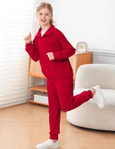 LecGee الفتيات ربع الرمز البريدي Sweatsuit الاطفال السراويل مجموعات الياقة المدورة الصوف مجموعة الملابس الخريف 2 قطعة وتتسابق للفتيات في سن المراهقة in Kuwait