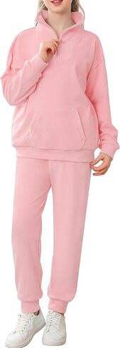 LecGee Girls Quarter zip Sweatsuit Kids Pants Sets Turtleneck Fleece Clothing Set Fall 2 Piece Outfits for Teen Girl in Saudi Arabia