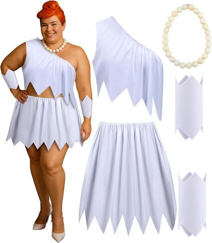 Mepase Plus Size 5 Pack Cave Woman White Costume Set for Women, Prehistoric Retro Cosplay Outfit with Pebble Necklace, Classic Cartoon Style Halloween Party Dress, Vintage Animated Character Look in Saudi Arabia