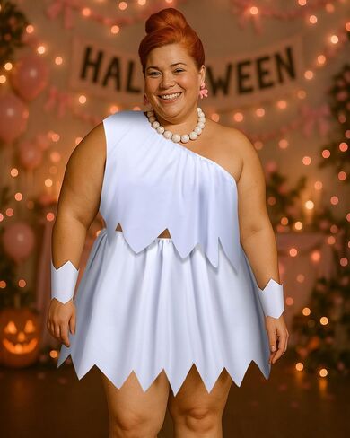 Mepase Plus Size 5 Pack Cave Woman White Costume Set for Women, Prehistoric Retro Cosplay Outfit with Pebble Necklace, Classic Cartoon Style Halloween Party Dress, Vintage Animated Character Look in Saudi Arabia