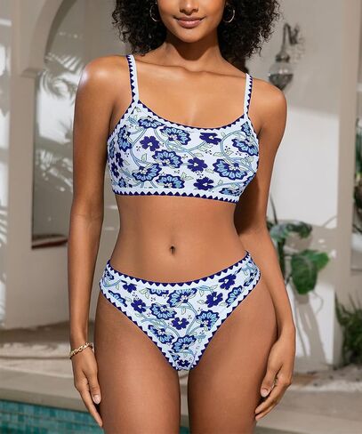 Women's Bikini Sets Floral Print Whip Stitch Color Block Two Piece Swimsuits High Waisted Tie Back Bathing Suits in Saudi Arabia