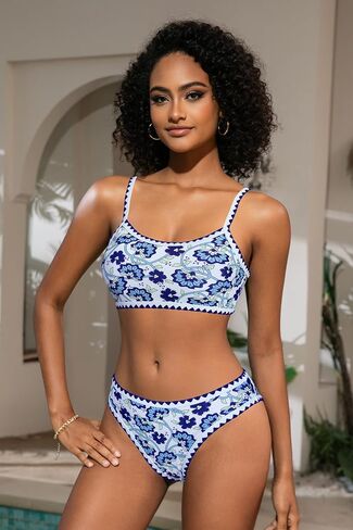 Women's Bikini Sets Floral Print Whip Stitch Color Block Two Piece Swimsuits High Waisted Tie Back Bathing Suits in Saudi Arabia