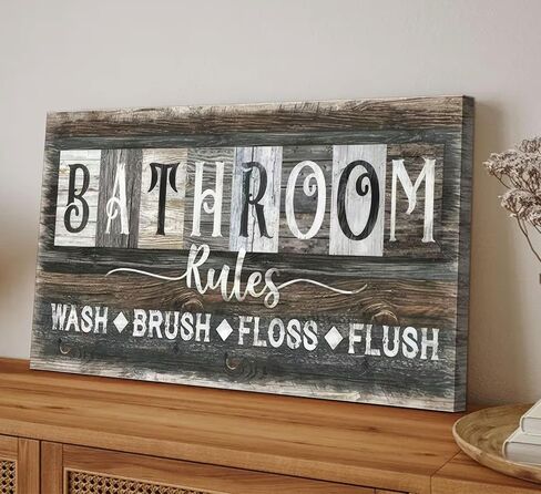 Bathroom Rules Canvas Wall Art Farmhouse Bathroom Sign Picture Vintage Rustic Poster Prints WASH BRUSH FLOSS FLUSH Humorous Sayings Wall Decor for Laundry Room Washroom Toilet Restroom 8x16in Framed in Saudi Arabia