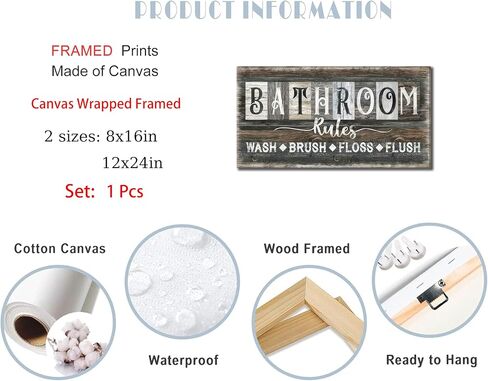 Bathroom Rules Canvas Wall Art Farmhouse Bathroom Sign Picture Vintage Rustic Poster Prints WASH BRUSH FLOSS FLUSH Humorous Sayings Wall Decor for Laundry Room Washroom Toilet Restroom 8x16in Framed in Saudi Arabia