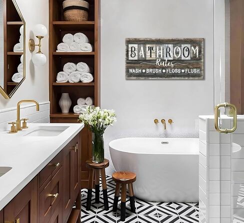 Bathroom Rules Canvas Wall Art Farmhouse Bathroom Sign Picture Vintage Rustic Poster Prints WASH BRUSH FLOSS FLUSH Humorous Sayings Wall Decor for Laundry Room Washroom Toilet Restroom 8x16in Framed in Saudi Arabia