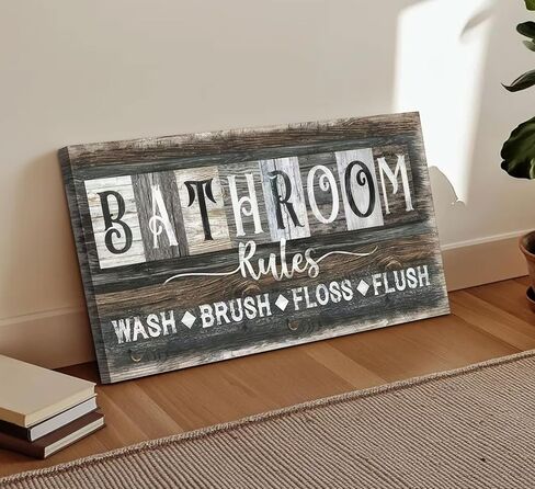 Bathroom Rules Canvas Wall Art Farmhouse Bathroom Sign Picture Vintage Rustic Poster Prints WASH BRUSH FLOSS FLUSH Humorous Sayings Wall Decor for Laundry Room Washroom Toilet Restroom 8x16in Framed in Saudi Arabia