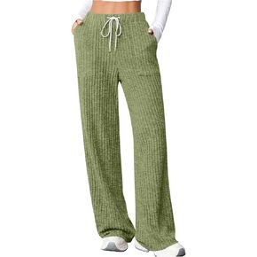 Women's Ribbed Wide Leg Lounge Pants with Pockets Casual Relaxed Comfy Loose Soft Knit Pajama Pants with Drawstring in Saudi Arabia