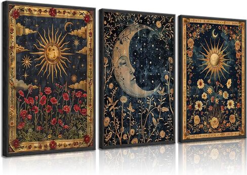 3pcs Sun and Moon Celestial Canvas Wall Art Tarot Crescent Moon Picture Wall Decor Gothic Wildflowers Painting Posters Print Artwork Aesthetic Dark Academia Vibe for Bedroom Home Decor(12x16in) in Saudi Arabia