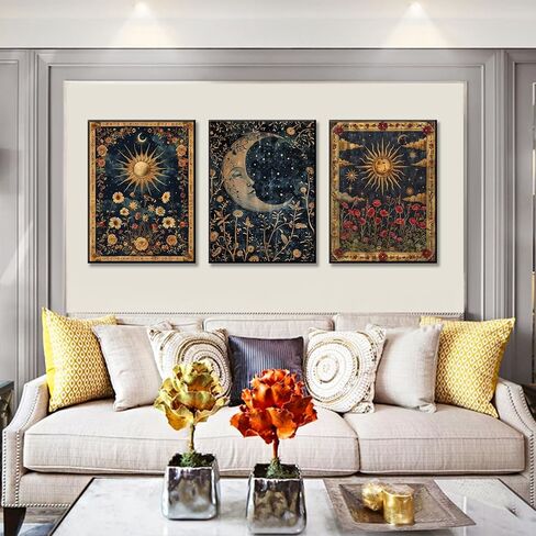 3pcs Sun and Moon Celestial Canvas Wall Art Tarot Crescent Moon Picture Wall Decor Gothic Wildflowers Painting Posters Print Artwork Aesthetic Dark Academia Vibe for Bedroom Home Decor(12x16in) in Saudi Arabia