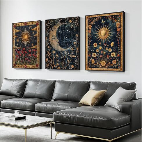 3pcs Sun and Moon Celestial Canvas Wall Art Tarot Crescent Moon Picture Wall Decor Gothic Wildflowers Painting Posters Print Artwork Aesthetic Dark Academia Vibe for Bedroom Home Decor(12x16in) in Saudi Arabia