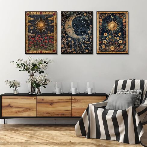 3pcs Sun and Moon Celestial Canvas Wall Art Tarot Crescent Moon Picture Wall Decor Gothic Wildflowers Painting Posters Print Artwork Aesthetic Dark Academia Vibe for Bedroom Home Decor(12x16in) in Saudi Arabia