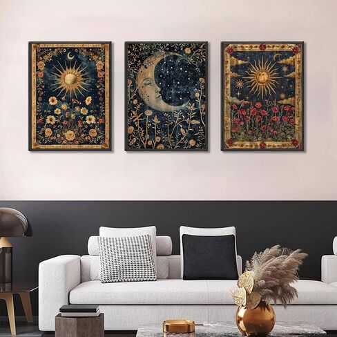3pcs Sun and Moon Celestial Canvas Wall Art Tarot Crescent Moon Picture Wall Decor Gothic Wildflowers Painting Posters Print Artwork Aesthetic Dark Academia Vibe for Bedroom Home Decor(12x16in) in Saudi Arabia