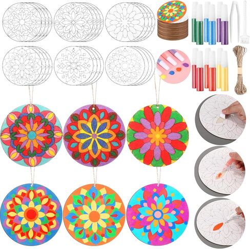 12 Pcs 7 Inch Mandala Wooden Sand Art Kits Sand Painting for Adults Mandala Coloring Craft with 6 Colorful Sand Option for DIY Diwali Thanksgiving Christmas Gift Festival Party Favor in Saudi Arabia
