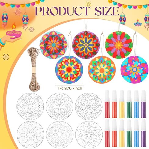 12 Pcs 7 Inch Mandala Wooden Sand Art Kits Sand Painting for Adults Mandala Coloring Craft with 6 Colorful Sand Option for DIY Diwali Thanksgiving Christmas Gift Festival Party Favor in Saudi Arabia