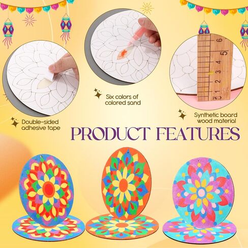 12 Pcs 7 Inch Mandala Wooden Sand Art Kits Sand Painting for Adults Mandala Coloring Craft with 6 Colorful Sand Option for DIY Diwali Thanksgiving Christmas Gift Festival Party Favor in Saudi Arabia