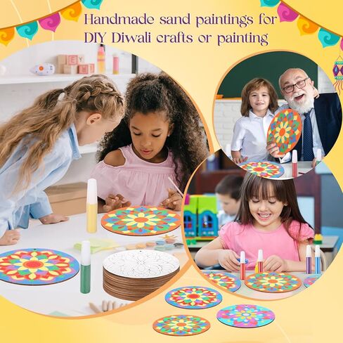 12 Pcs 7 Inch Mandala Wooden Sand Art Kits Sand Painting for Adults Mandala Coloring Craft with 6 Colorful Sand Option for DIY Diwali Thanksgiving Christmas Gift Festival Party Favor in Saudi Arabia