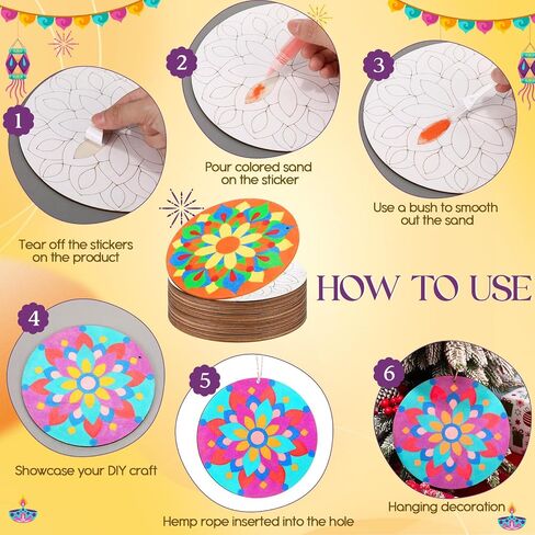 12 Pcs 7 Inch Mandala Wooden Sand Art Kits Sand Painting for Adults Mandala Coloring Craft with 6 Colorful Sand Option for DIY Diwali Thanksgiving Christmas Gift Festival Party Favor in Saudi Arabia