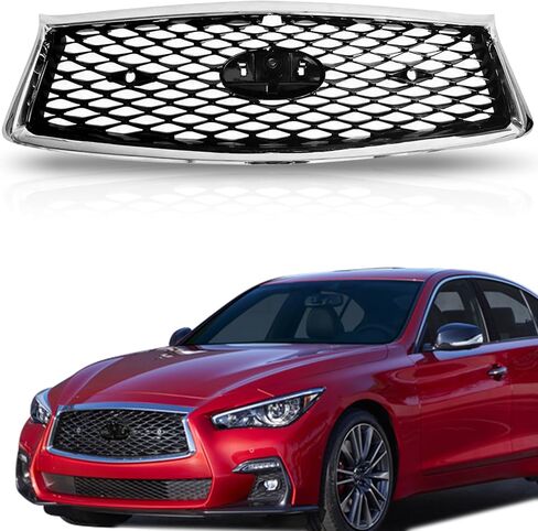 PartsFlow For 2018-2023 Infiniti Q50 Front Bumper Upper Chrome Grille Grill Base Models Black/Chrome Trim W/Sensor Holes Camera Hole in Saudi Arabia