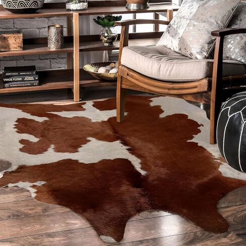 سجادة منطقة جلد البقر باللونين البني والأبيض من Urban BUCK، سجادة من جلد البقر الطبيعي عالي الجودة لديكور غرفة النوم، 5 أقدام × 7 أقدام (60 بوصة × 84 بوصة، 152.4 سم × 213.36 سم) in Kuwait