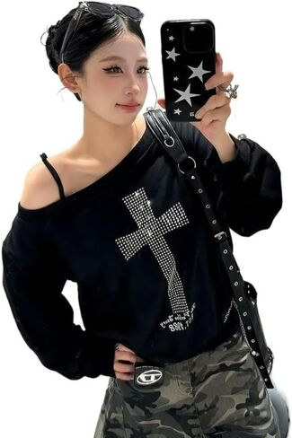 تي شيرت Cross Harajuku Y2k بأكمام طويلة من Rock Goth Punk بأكمام طويلة تي شيرت أنيق ملابس الشارع الهيب هوب in Kuwait