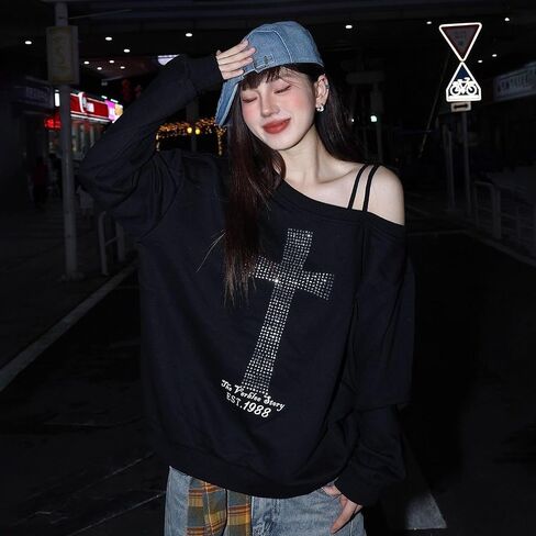 تي شيرت Cross Harajuku Y2k بأكمام طويلة من Rock Goth Punk بأكمام طويلة تي شيرت أنيق ملابس الشارع الهيب هوب in Kuwait