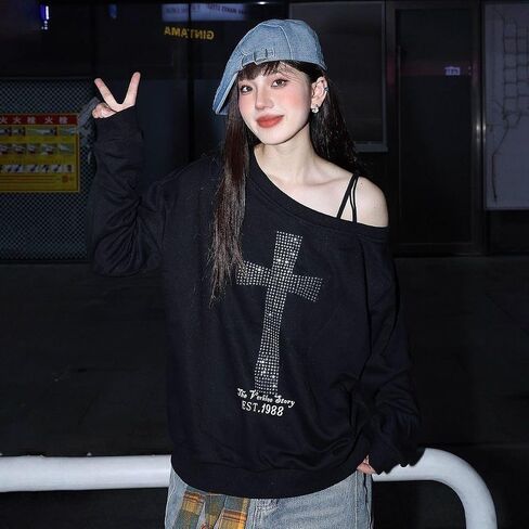 تي شيرت Cross Harajuku Y2k بأكمام طويلة من Rock Goth Punk بأكمام طويلة تي شيرت أنيق ملابس الشارع الهيب هوب in Kuwait