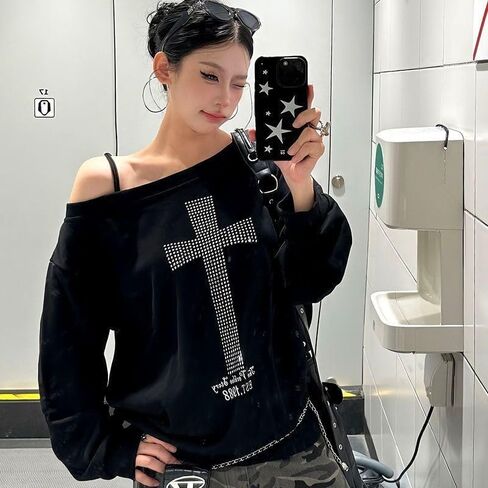 تي شيرت Cross Harajuku Y2k بأكمام طويلة من Rock Goth Punk بأكمام طويلة تي شيرت أنيق ملابس الشارع الهيب هوب in Kuwait