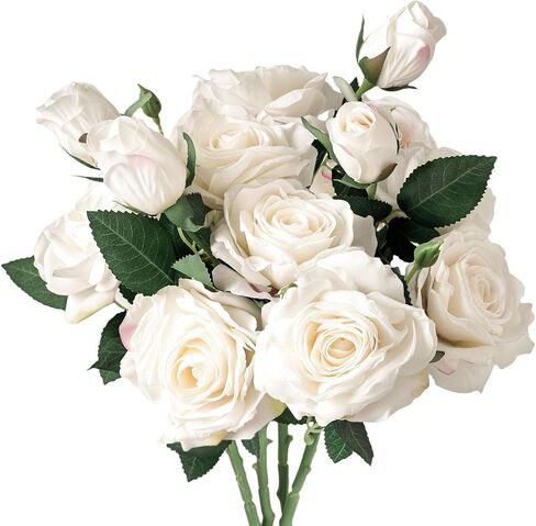 JOHOUSE 4 Stems White Roses Artificial Flowers with Stems, 12 Flowers Roses Bouquet for DIY Crafts Home Wedding Table Centerpieces Vase Fillers in Saudi Arabia