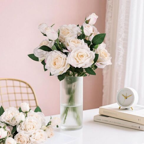 JOHOUSE 4 Stems White Roses Artificial Flowers with Stems, 12 Flowers Roses Bouquet for DIY Crafts Home Wedding Table Centerpieces Vase Fillers in Saudi Arabia