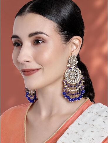 Aheli أنيقة الزفاف أزياء حزب ارتداء فو كوندان مرصع قطرة تتدلى الأقراط مع شرابات مطرز الهندي العرقية التقليدية مجوهرات احتفالية هدية للنساء الأزرق in Saudi Arabia