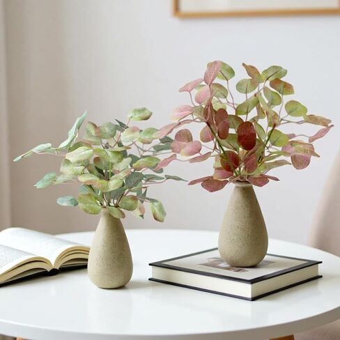 Fake Eucalyptus Stems in Ceramic Vase, 12" Indoor Faux Greenery Plants Artificial Eucalyptus Leaves Branches for Shelf Table Cabinet Cafe Bedroom Office Farmhouse Home Decor (Autumn Tones) in Saudi Arabia