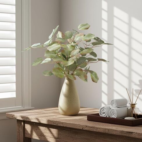 Fake Eucalyptus Stems in Ceramic Vase, 12" Indoor Faux Greenery Plants Artificial Eucalyptus Leaves Branches for Shelf Table Cabinet Cafe Bedroom Office Farmhouse Home Decor (Autumn Tones) in Saudi Arabia