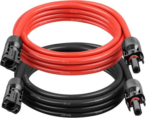 كابل تمديد للطاقة الشمسية 10AWG بطول 5 أقدام - قطعتان من الأسلاك الكهروضوئية باللونين الأحمر والأسود مع موصلات للطاقة الشمسية، 84 خيطًا من النحاس المعلب، مزدوج XLPE معزول، كابل خارجي مقاوم للأشعة فوق البنفسجية للمركبات الترفيهية والعاكس والبطارية in Kuwait