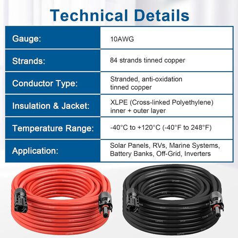 كابل تمديد للطاقة الشمسية 10AWG بطول 5 أقدام - قطعتان من الأسلاك الكهروضوئية باللونين الأحمر والأسود مع موصلات للطاقة الشمسية، 84 خيطًا من النحاس المعلب، مزدوج XLPE معزول، كابل خارجي مقاوم للأشعة فوق البنفسجية للمركبات الترفيهية والعاكس والبطارية in Kuwait