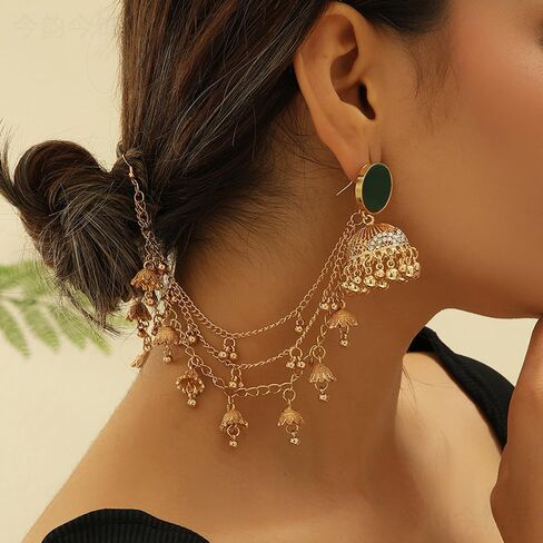 Bollywood Jhumkas Drop Earrings for Women Boho Vintage Bell Beaded Bride Earring Exotic Indian Earring Dangle Tassel Layered Chain Gypsy Ethnic Traditional Jhumki Wedding Accessories Christmas Jewelry Gifts in Saudi Arabia
