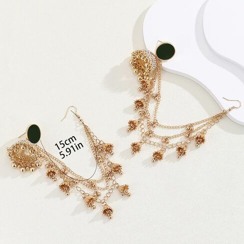 Bollywood Jhumkas Drop Earrings for Women Boho Vintage Bell Beaded Bride Earring Exotic Indian Earring Dangle Tassel Layered Chain Gypsy Ethnic Traditional Jhumki Wedding Accessories Christmas Jewelry Gifts in Saudi Arabia