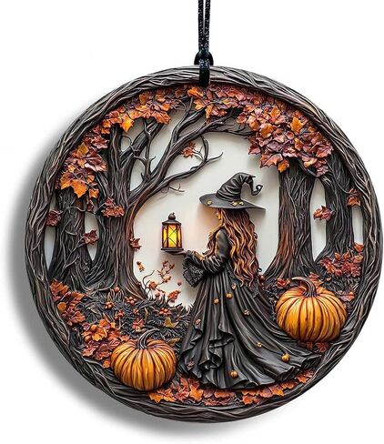 Halloween Stained Glass Window Ornament, Witch Scene with Pumpkins, Acrylic Hanging Suncatcher, Round Wall Art Decor, Witchy Ornament for Home Friends and Family (Three Girls) in Saudi Arabia
