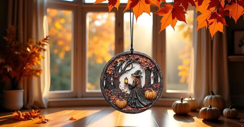 Halloween Stained Glass Window Ornament, Witch Scene with Pumpkins, Acrylic Hanging Suncatcher, Round Wall Art Decor, Witchy Ornament for Home Friends and Family (Three Girls) in Saudi Arabia