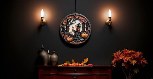 Halloween Stained Glass Window Ornament, Witch Scene with Pumpkins, Acrylic Hanging Suncatcher, Round Wall Art Decor, Witchy Ornament for Home Friends and Family (Three Girls) in Saudi Arabia
