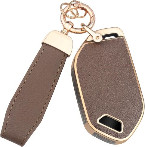 QBUC لغطاء مفتاح Kia Key Fob، يناسب 2023-2025 Telluride Sorento Carnival K4 K5 GT-Line Key Fob Case، جلد علوي + واقي مفتاح سيارة ناعم من مادة TPU 360 درجة مع سلسلة مفاتيح جلدية لملحقات Kia (بني) in Kuwait