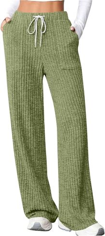 Women's Ribbed Wide Leg Lounge Pants with Pockets Casual Relaxed Comfy Loose Soft Knit Pajama Pants with Drawstring in Saudi Arabia