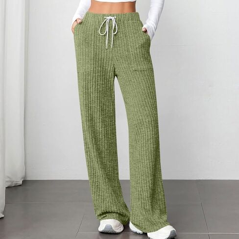 Women's Ribbed Wide Leg Lounge Pants with Pockets Casual Relaxed Comfy Loose Soft Knit Pajama Pants with Drawstring in Saudi Arabia