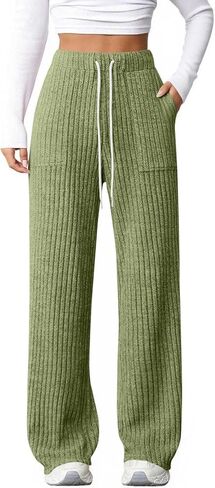 Women's Ribbed Wide Leg Lounge Pants with Pockets Casual Relaxed Comfy Loose Soft Knit Pajama Pants with Drawstring in Saudi Arabia